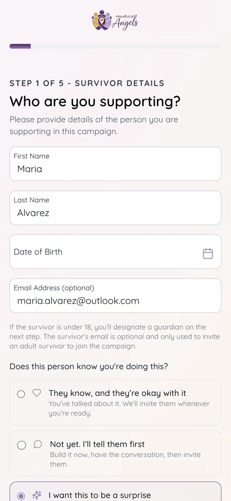 The first setup screen: who are you supporting, with a question asking whether the person knows about the page