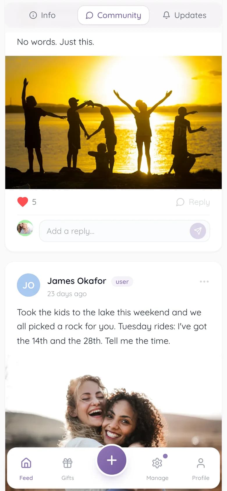 A note with a photo of friends at a lake, and a note about picking rocks with the kids