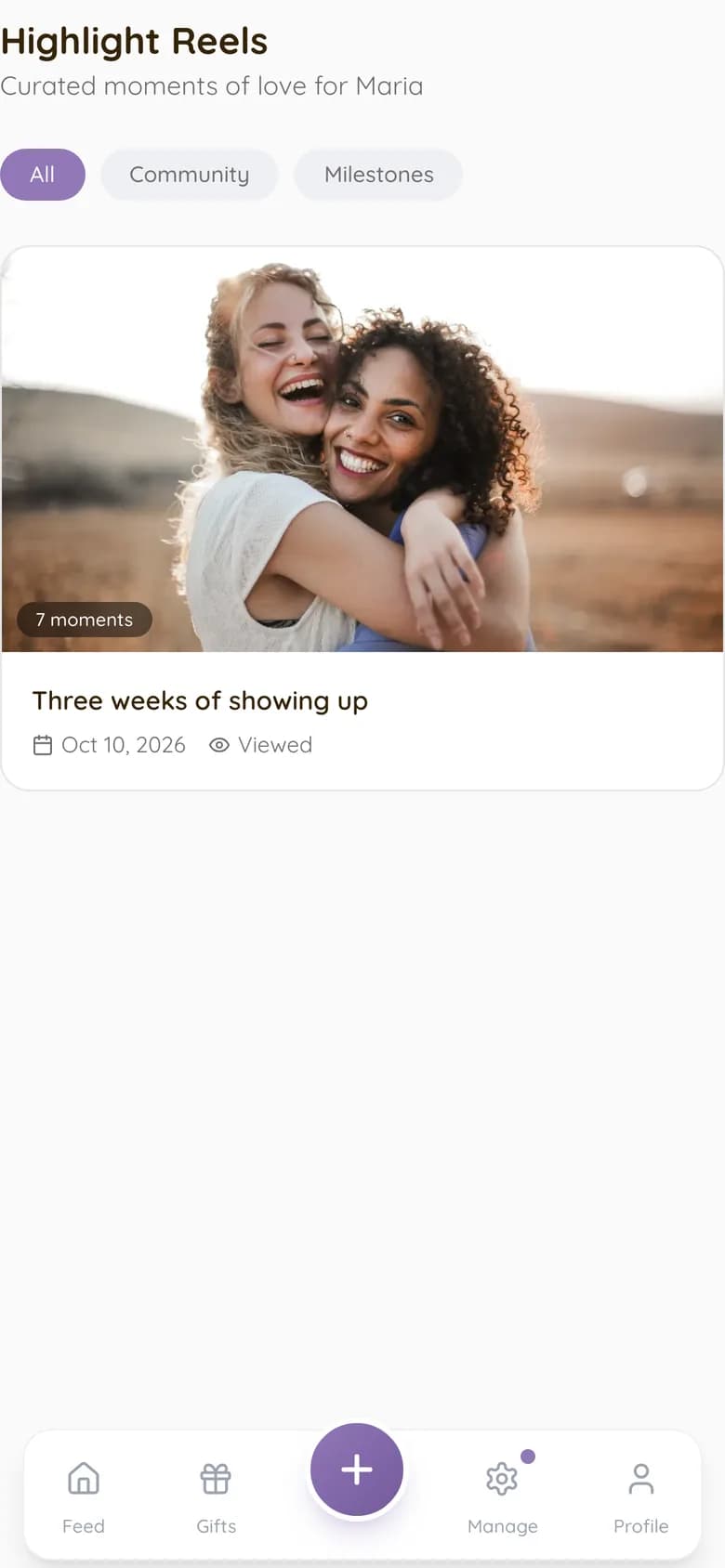 The highlight reels page with one reel titled "Three weeks of showing up"