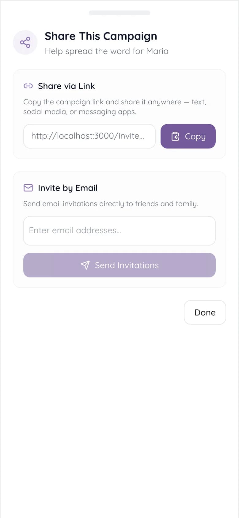 The share sheet, with a copyable link and a box to invite people by email