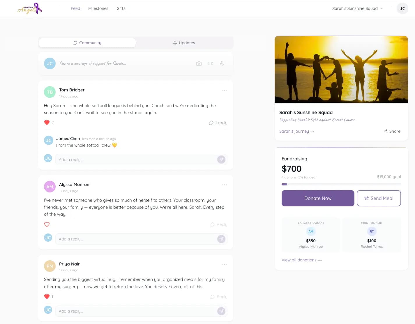 Preview of a Handful of Angels campaign page showing well-wishes, supporters, and updates